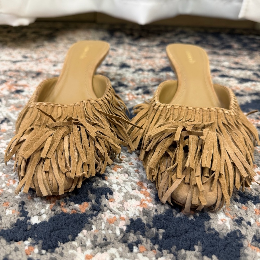 Larroude Tan Suede Fringed Kitten Heel Mule - Picture 4 of 16